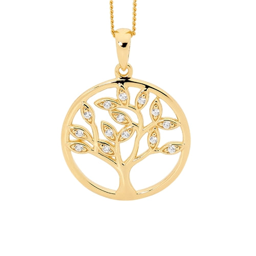 Ellani Sterling Silver & White CZ Tree of Life Necklace - Gold