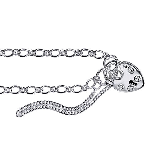 Sterling Silver Oval Figaro 1+1 Bracelet with Heart Padlock