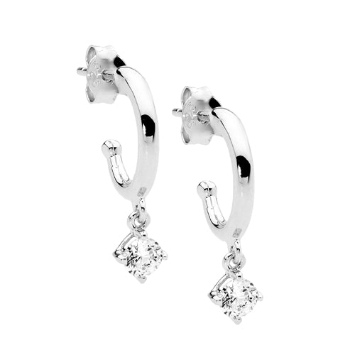 Ellani Sterling Silver 13mm Hoop Earrings with Claw Set CZ Drop