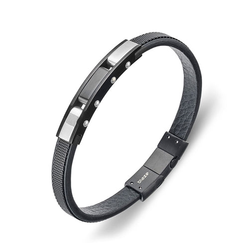 BLAZE Stainless Steel Black Leather & Mesh Bangle - Silver