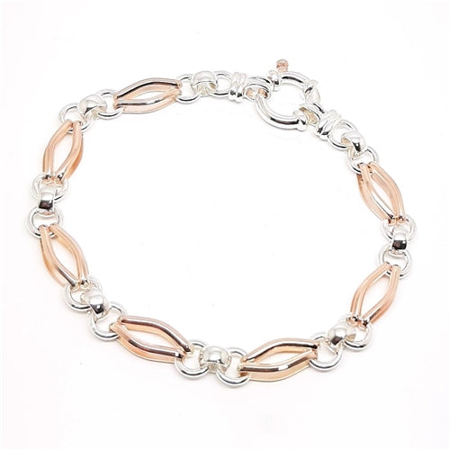 Australian Made 2 Tone Fancy Gate 9ct Rose Gold & Sterling Silver Bracelet with Bolt Ring Clasp