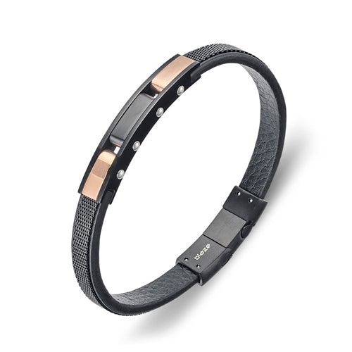 BLAZE Stainless Steel Black Leather & Mesh Bangle - Rose Gold