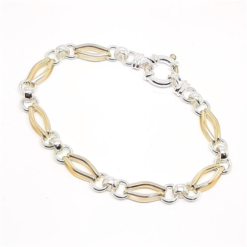 Australian Made 2 Tone Fancy Gate 9ct Gold & Sterling Silver Bracelet with Bolt Ring Clasp