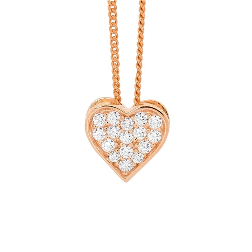 Ellani Sterling Silver & White CZ Pave Heart Necklace - Rose Gold