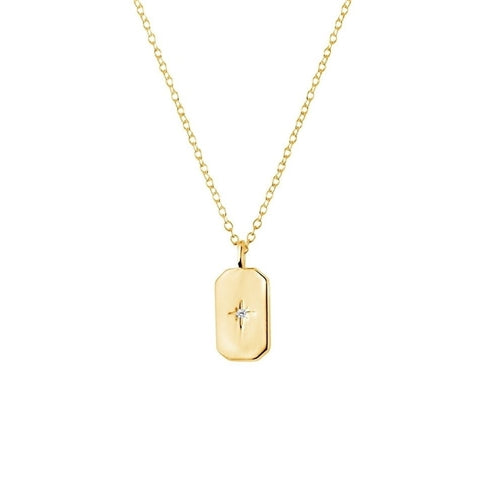 Sterling Silver Necklace with Rectangle CZ Pendant - Gold