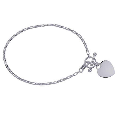 Sterling Silver Cable Bracelet with T-Bar Fitting & Heart Charm