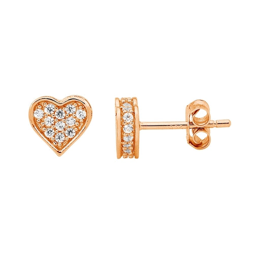 Ellani Sterling Silver & White CZ Heart Stud Earrings - Rose Gold