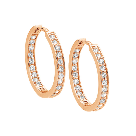 Ellani Sterling Silver Inside-Out CZ Hoop Earrings - Rose Gold