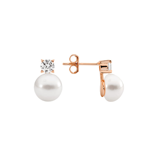 Ellani Sterling Silver FWP & 4mm CZ Stud Earrings - Rose Gold