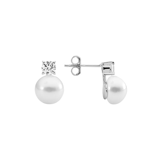 Ellani Sterling Silver FWP & 4mm CZ Stud Earrings