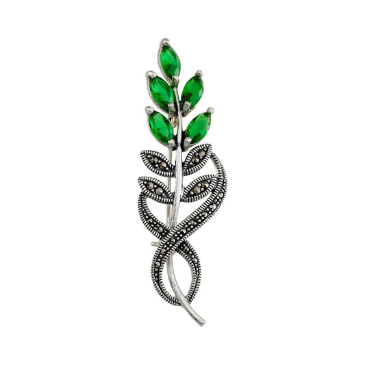 Sterling Silver Marcasite & Green Stone Leaf Brooch